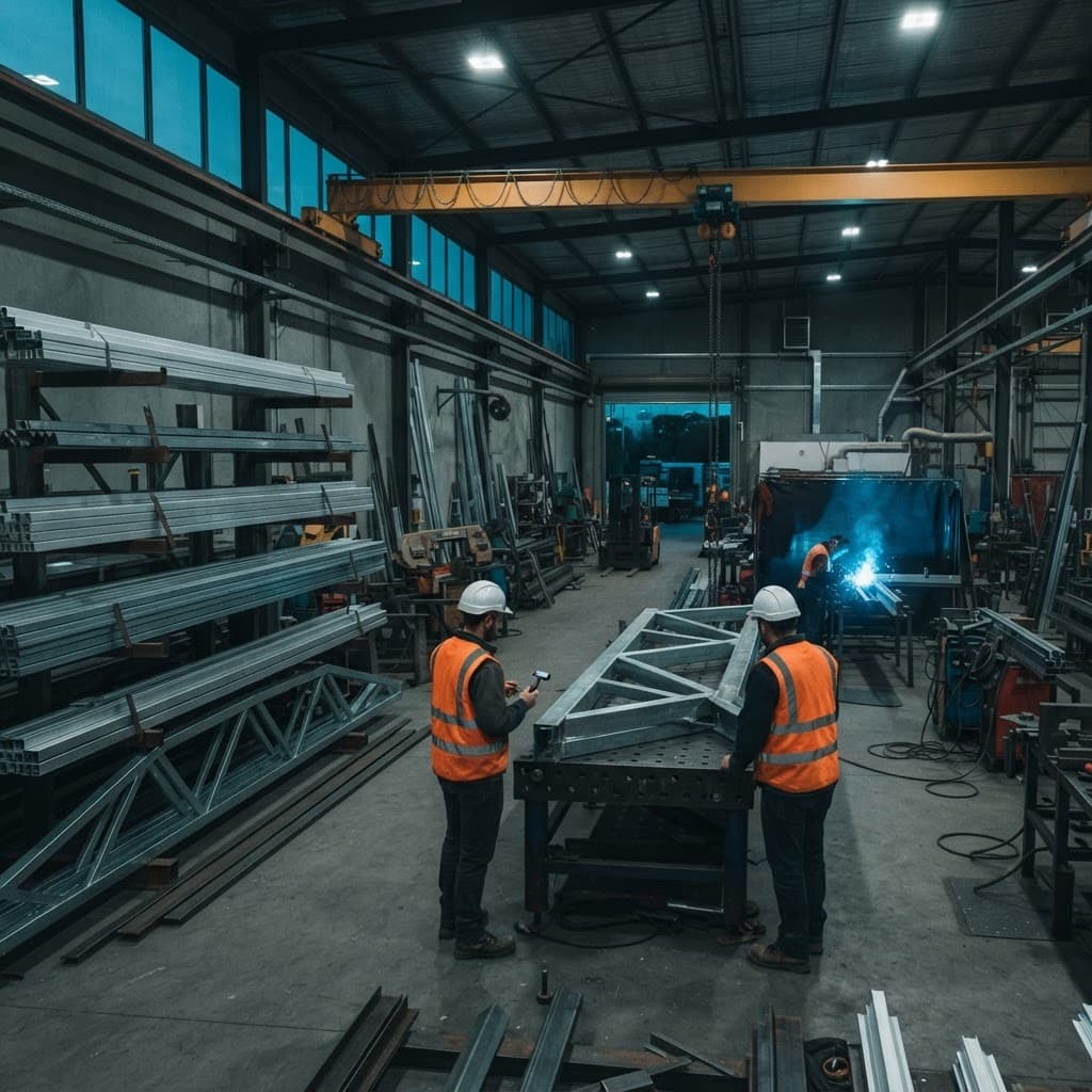 Supplier factory audit in a greenhouse component workshop, with inspectors examining a steel truss joint beside racks of aluminium glazing profiles