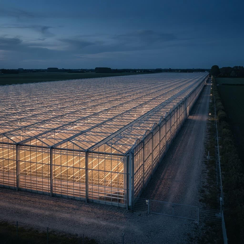 Large multi-hectare commercial glass greenhouse complex at dusk, its glazed facade and gutter line receding into the distance