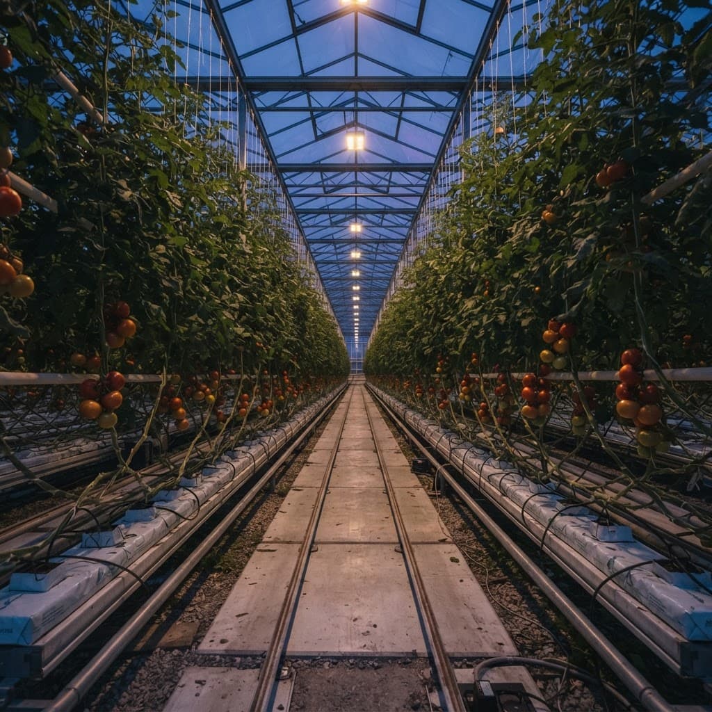 Aisle of a high-wire tomato greenhouse at dusk with vine rows on twine, ripening trusses, grow-bag substrate slabs and pipe-rail heating tubes