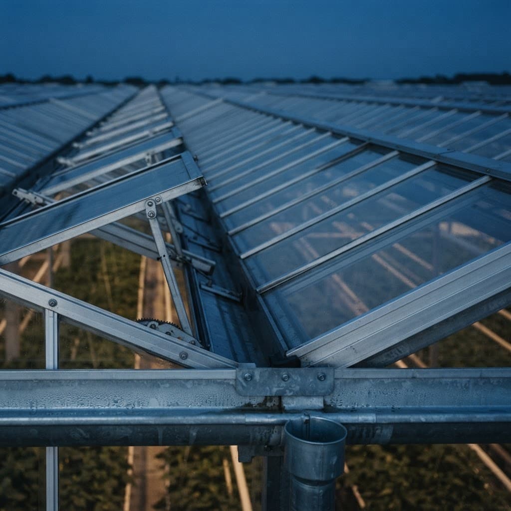 Close-up of a Venlo greenhouse roof at dusk showing the paired small-pitch glass panes, aluminium glazing bars, gutter and sequenced vent windows
