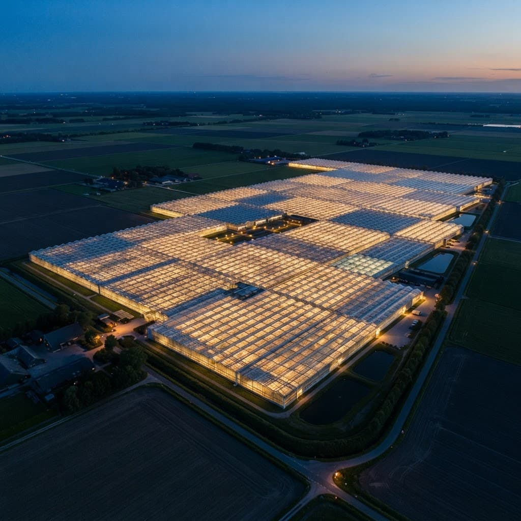 Aerial view of a modern multi-span glass greenhouse complex at dusk