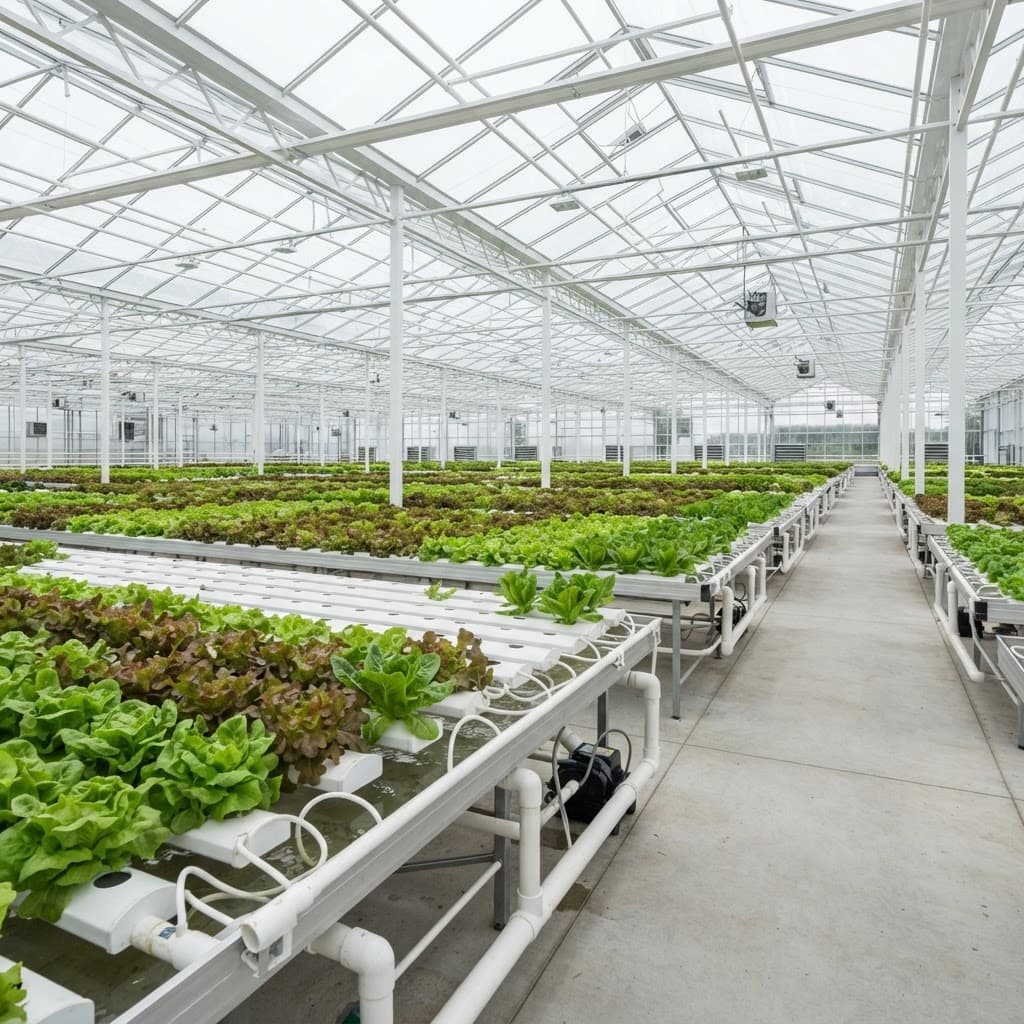 Reference hydroponic leafy greens greenhouse project scenario with recirculating production channels