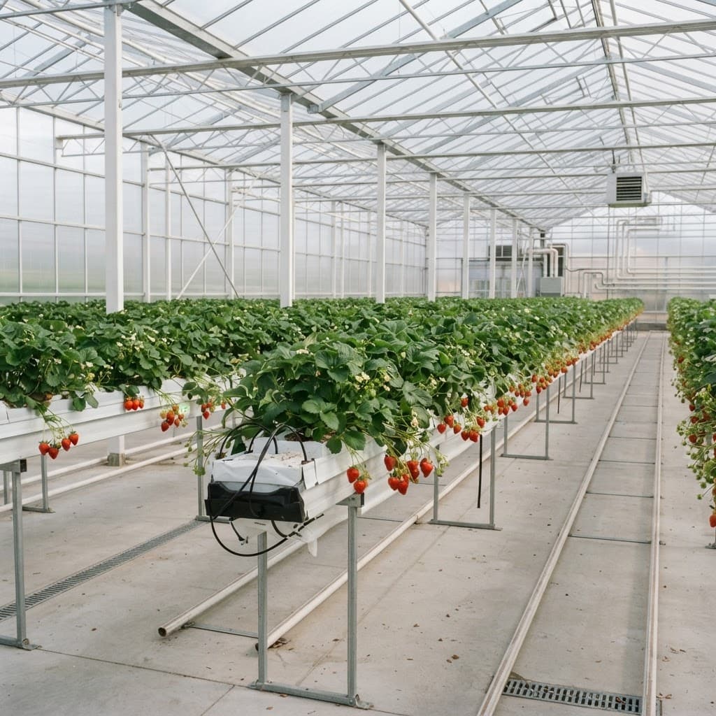 Reference table-top strawberry greenhouse project scenario with elevated gutters