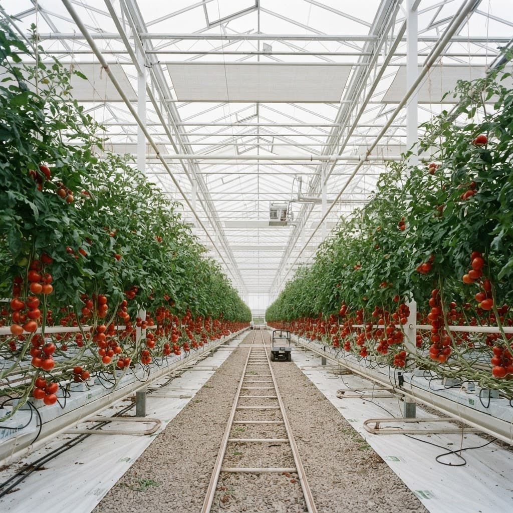 Reference high-wire tomato greenhouse project scenario with Venlo glass and hydroponic crop rows