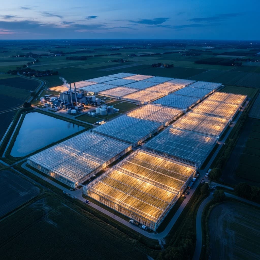 Commercial greenhouse project cost planning with greenhouse blocks, service roads and water infrastructure