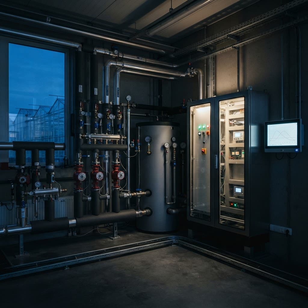 Greenhouse technical room with climate control manifolds, pumps and electrical cabinets
