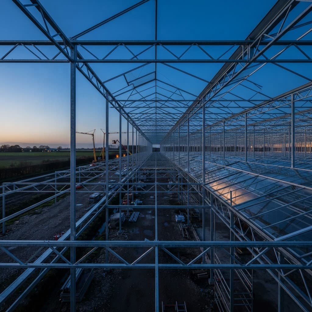 Steel truss and gutter framework of a commercial Venlo greenhouse under construction at dusk, with roof bays partly glazed