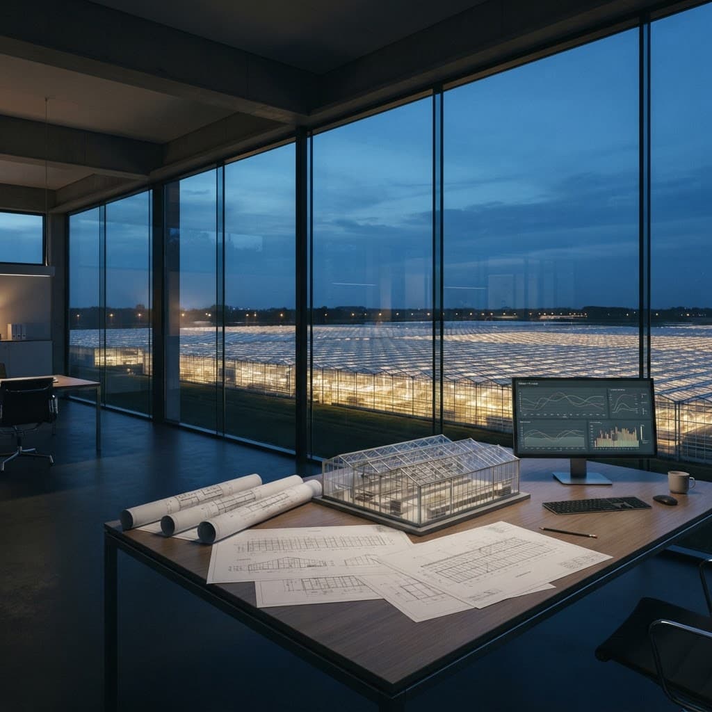 Greenhouse engineering office at dusk with technical layout drawings, a structural scale model and climate data overlooking a lit greenhouse complex
