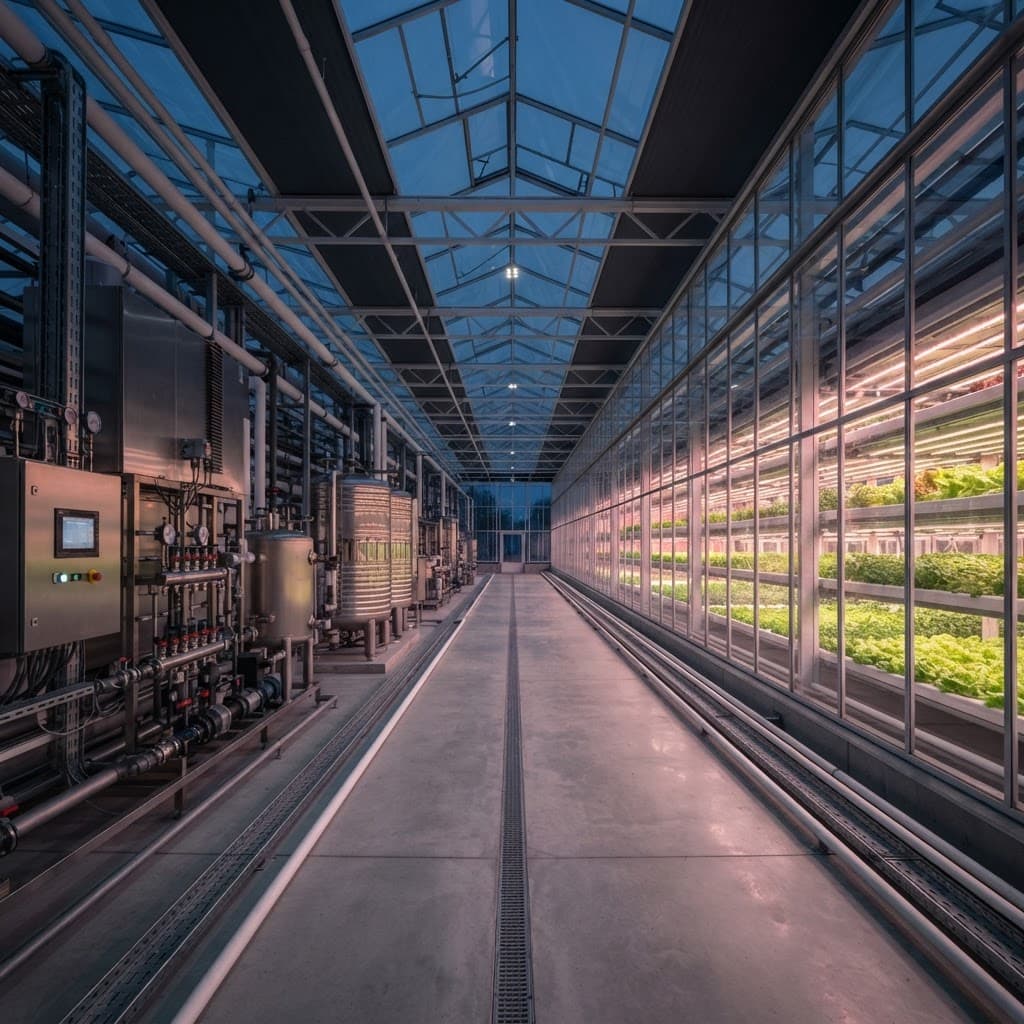 Central service corridor of a completed high-tech greenhouse with irrigation equipment, pipework and illuminated growing compartments
