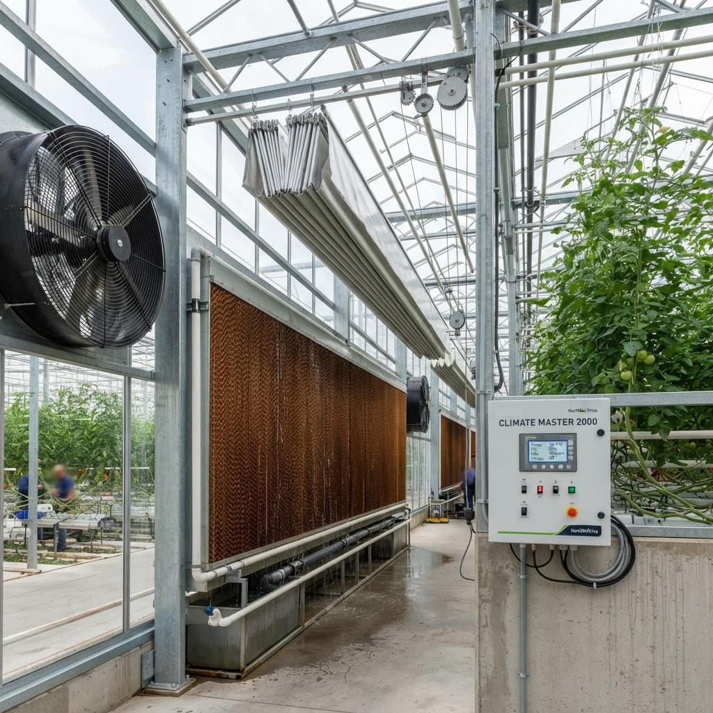 Evaporative cooling wall, exhaust fans and climate computer inside a commercial greenhouse