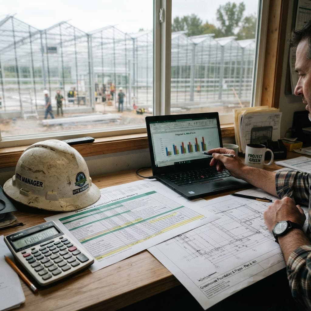 Greenhouse project cost breakdown documents, drawings and charts on a desk