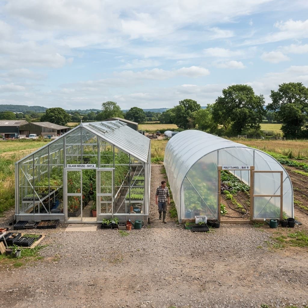 Glass greenhouse and arched film greenhouse standing side by side on the same farm