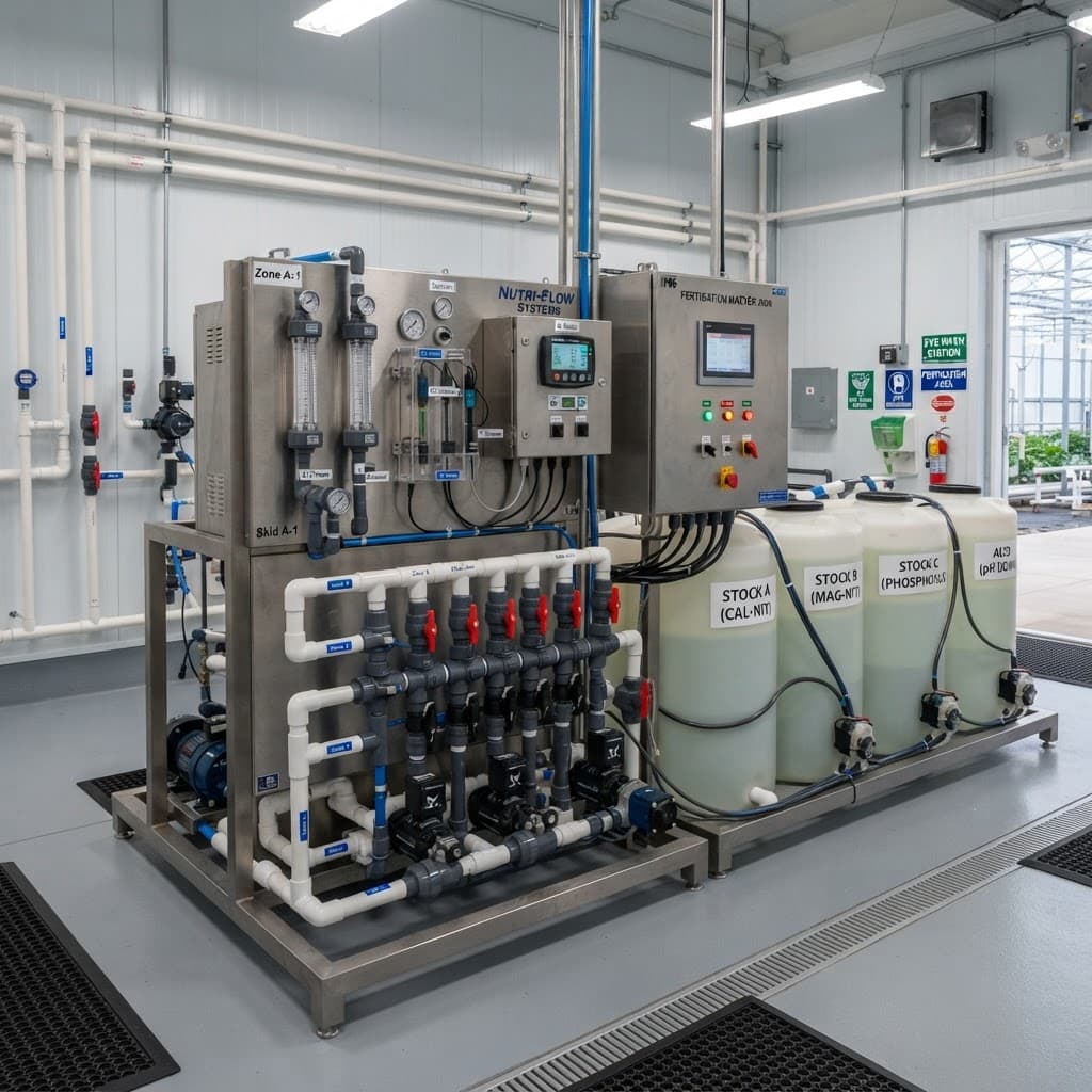 Greenhouse fertigation room with nutrient dosing unit, sensors and irrigation manifold