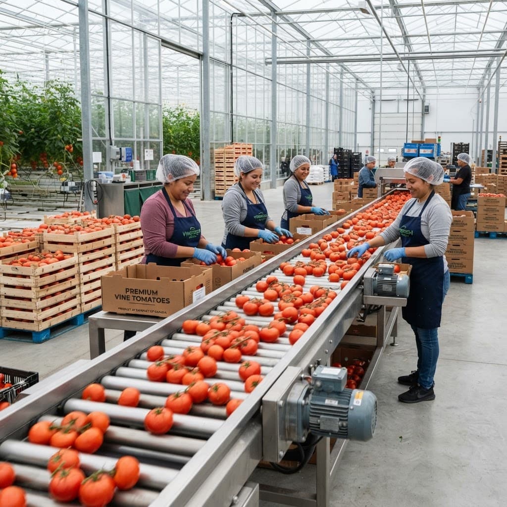 Workers grading freshly harvested greenhouse tomatoes on a packing line