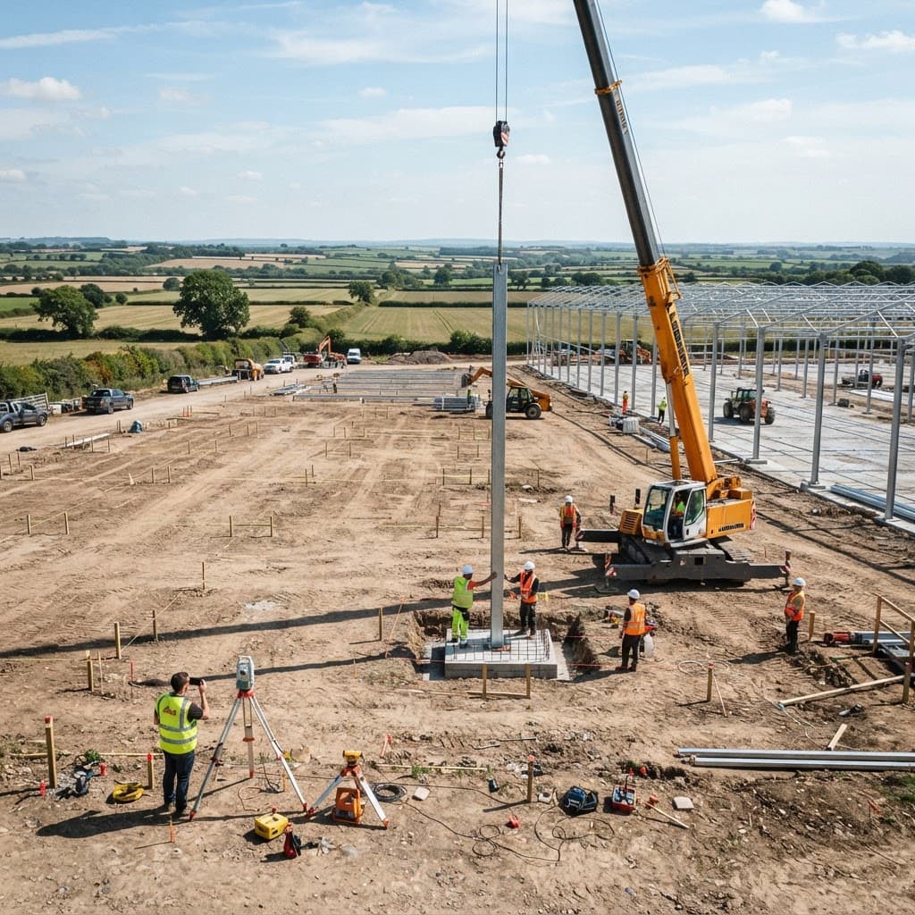 Greenhouse development site with surveying equipment and first steel columns being erected