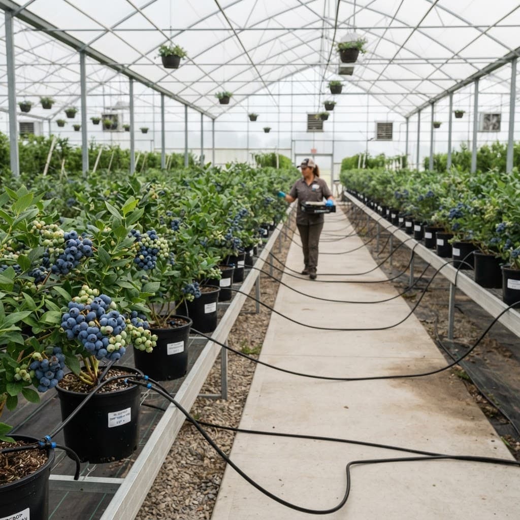 Blueberry bushes in substrate pots with drip irrigation inside a greenhouse