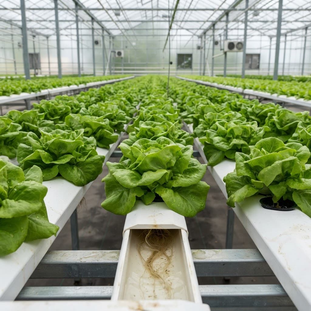 Hydroponic NFT channels filled with mature butterhead lettuce heads