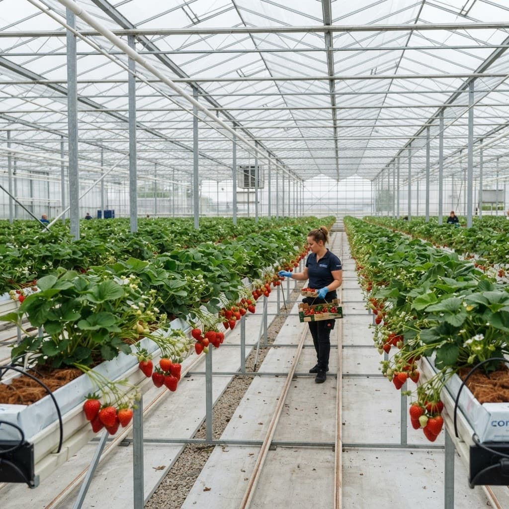 Elevated coco coir gutters with ripe strawberries in a commercial greenhouse