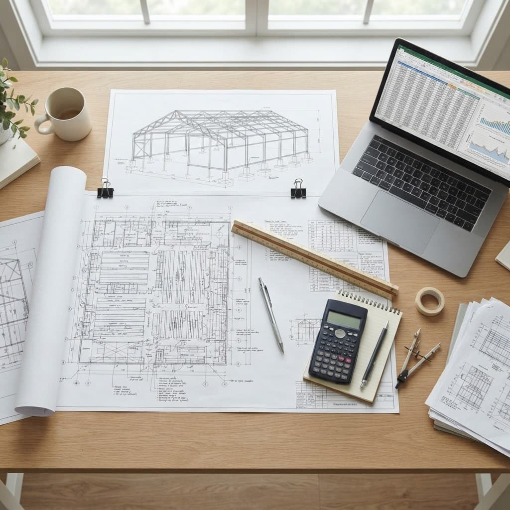 Greenhouse layout blueprints, structural drawings and climate data on an engineering desk