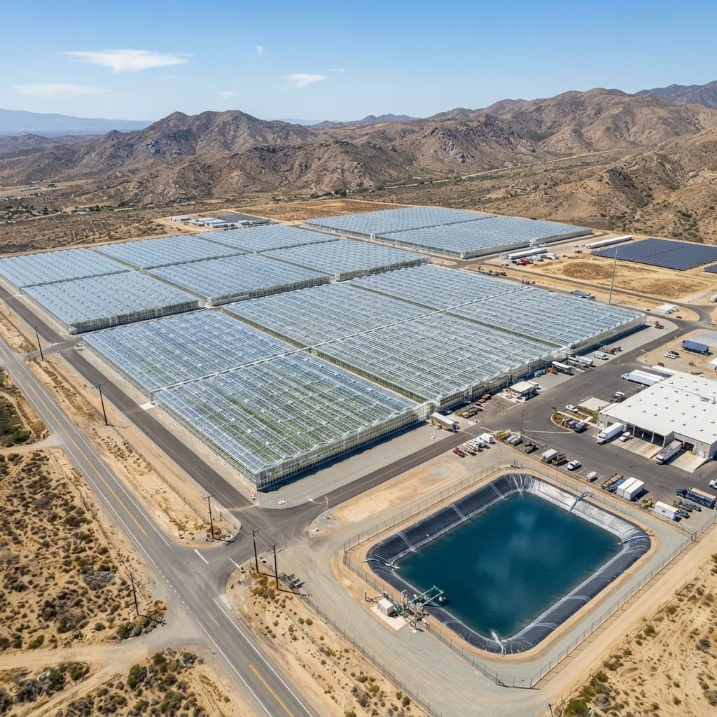 Aerial view of a large gutter-connected commercial greenhouse complex