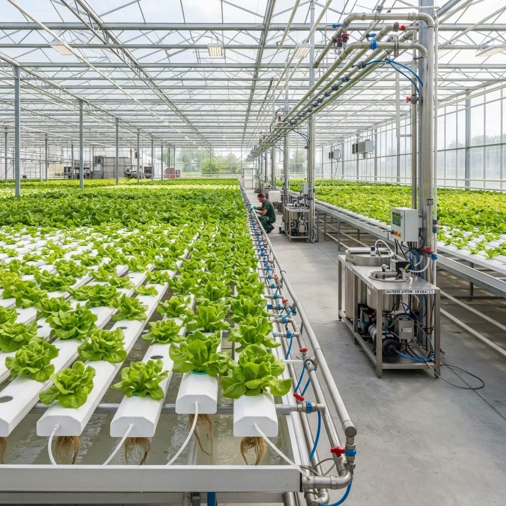 Hydroponic NFT channels with green leafy crops in a bright greenhouse