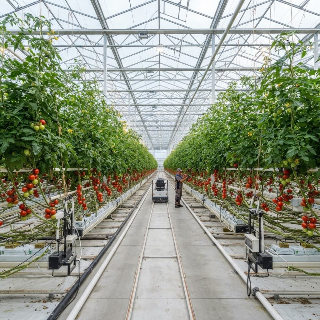 Rows of high-wire tomato vines inside a commercial glass greenhouse