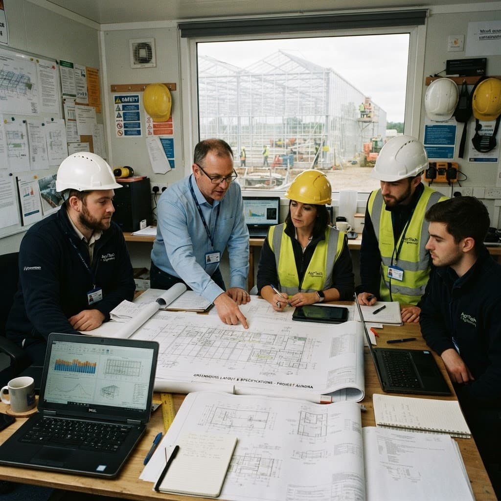 Engineers reviewing greenhouse layout drawings and specification documents on site