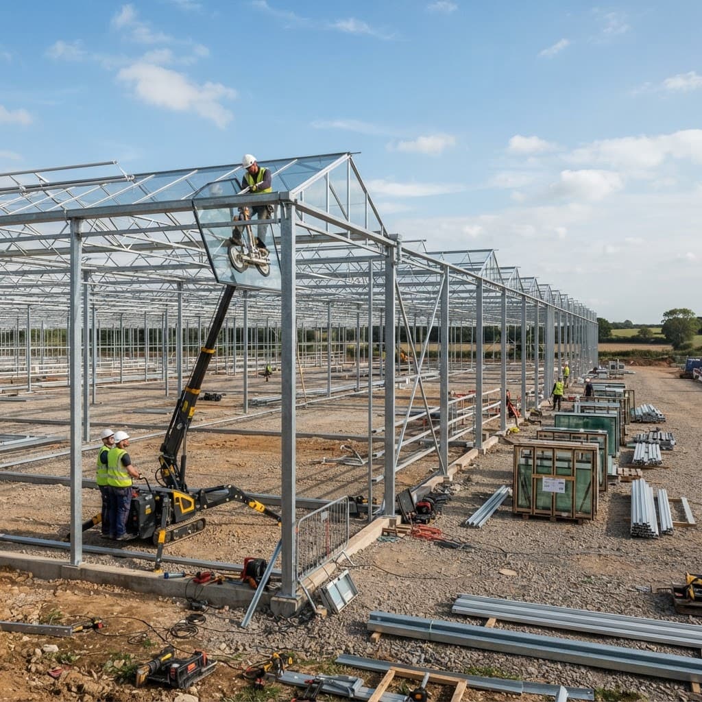 Greenhouse under construction with steel frame erected and glazing in progress