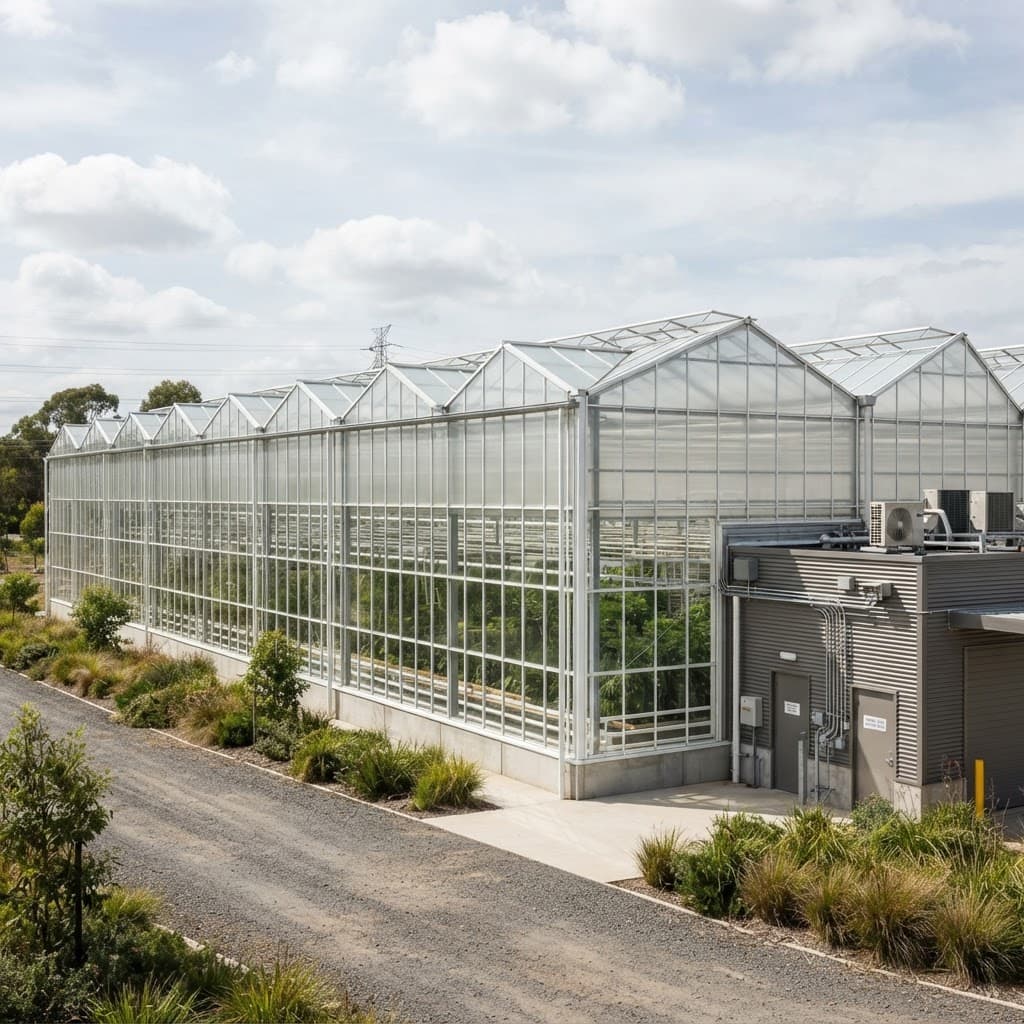 Commercial glass greenhouse roof with diffuse glazing and open ridge vents