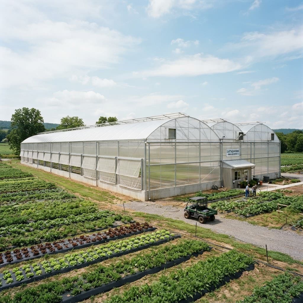 Multi-span film greenhouse with arched roofs and roll-up side ventilation