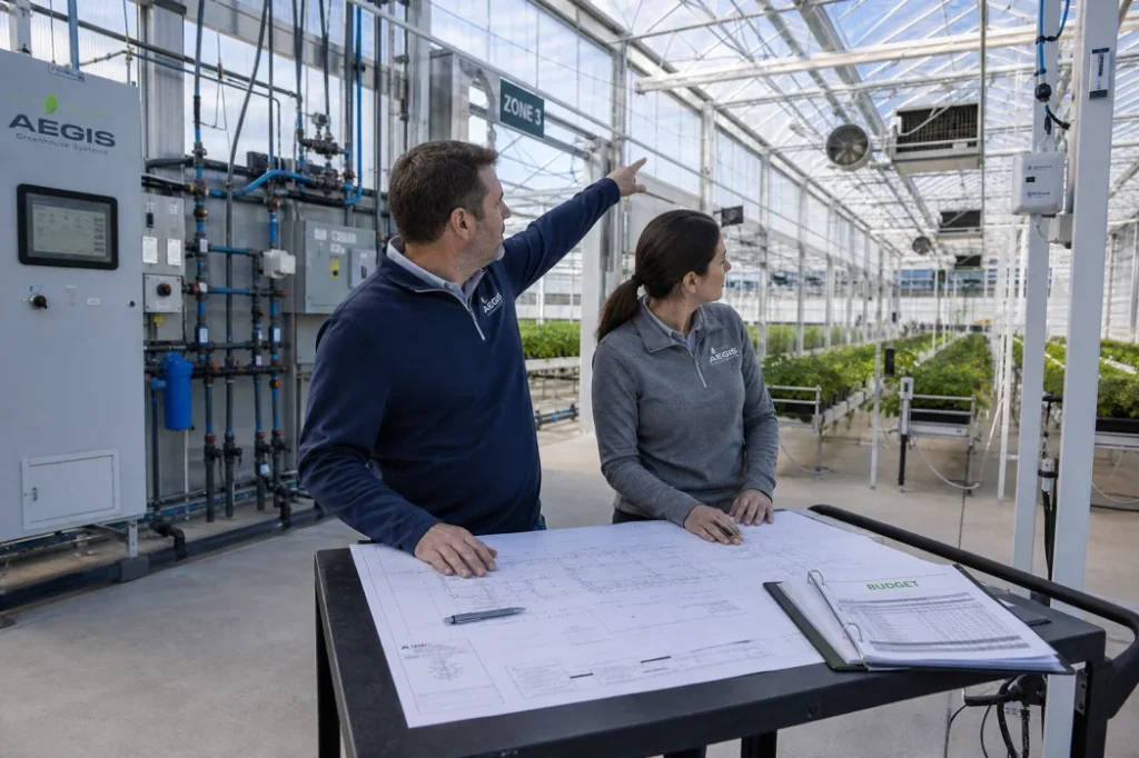 Project team reviewing a commercial greenhouse budget and infrastructure scope inside a modern greenhouse.