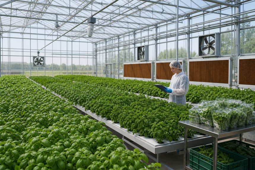 Commercial greenhouse interior with leafy herbs, cooling systems, and post-harvest staging for quality-focused production.