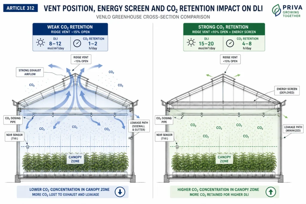 Diagram comparing weak and strong greenhouse CO2 retention scenarios based on vent opening, light level, and retention hours
