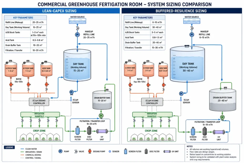 Annotated fertigation tank sizing diagram comparing day tank, A/B stock tanks, acid tank and drain buffer with refill-rate scenarios