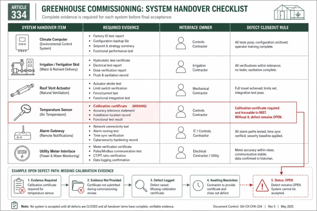Commissioning evidence register diagram linking each greenhouse system to evidence, owner, and defect closeout