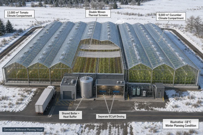 Conceptual 20,000 m² cold-climate greenhouse layout with separate tomato and cucumber climate compartments and shared heating services