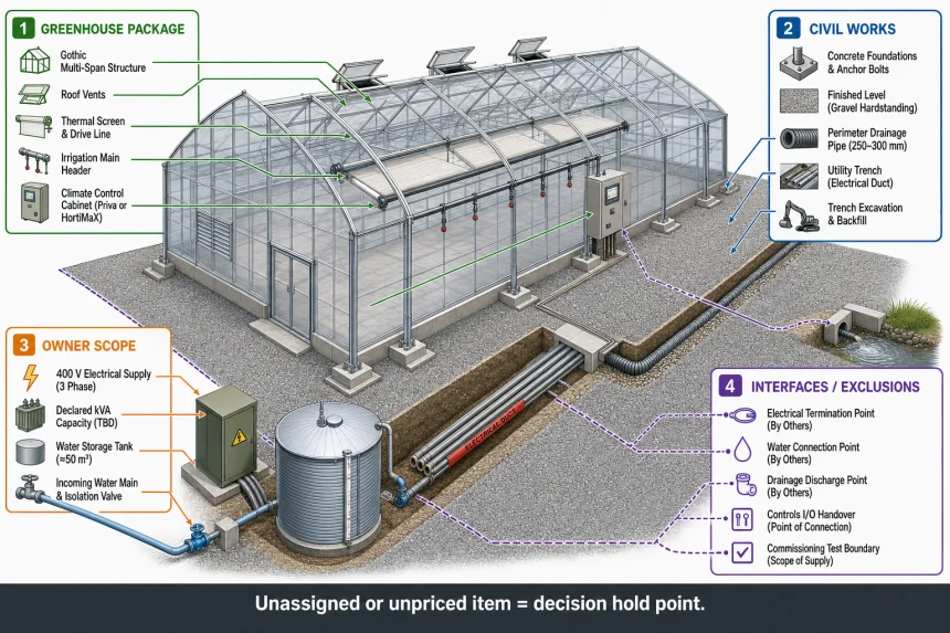 Annotated four-bucket diagram showing greenhouse package, civil works, owner scope and utility interfaces for a commercial multi-span greenhouse quote comparison.