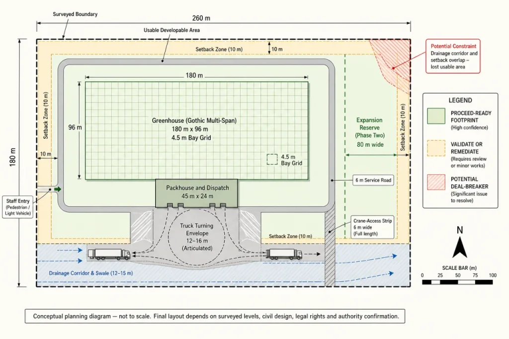 Conceptual commercial greenhouse site layout showing a 4.5 m bay grid, packhouse, drainage corridor, truck access and expansion reserve