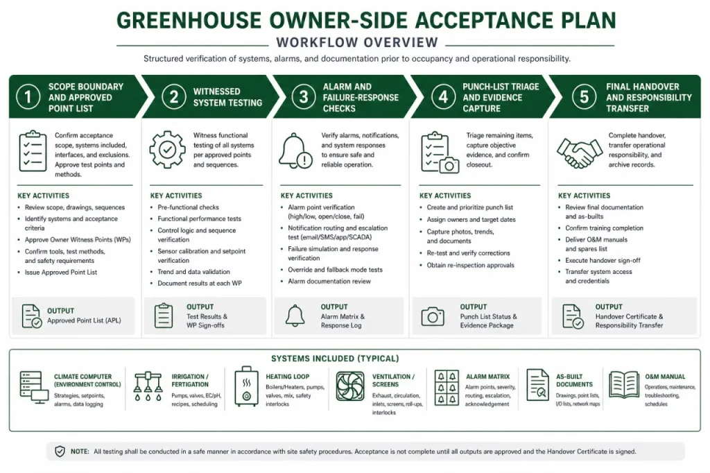 Workflow diagram showing the five steps of a greenhouse acceptance test plan