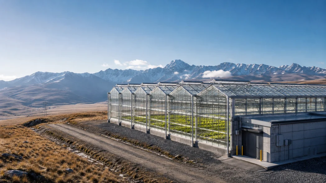 Illustrative multi-span commercial greenhouse for cool-season vegetables on a high-altitude site with mountain terrain and service infrastructure.