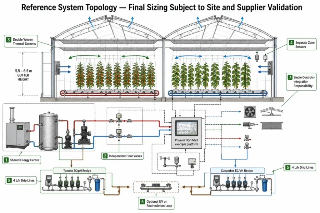 Dual-zone greenhouse system diagram showing boiler buffer, thermal screens, climate controls, zoned irrigation and optional UV recirculation treatment
