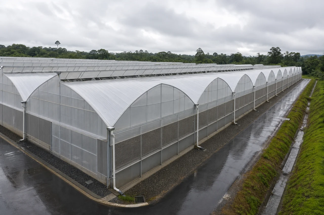 Wet-tropical Gothic multi-span bell pepper greenhouse with roof vents, insect screens, gutters and stormwater drainage.