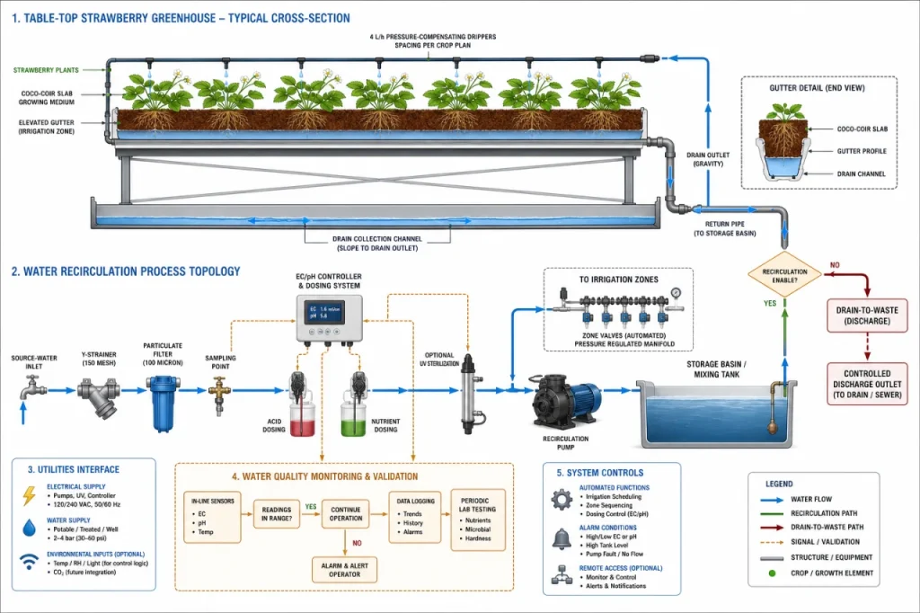 Commercial strawberry greenhouse drainage diagram showing gutter collection, water treatment and recirculation options