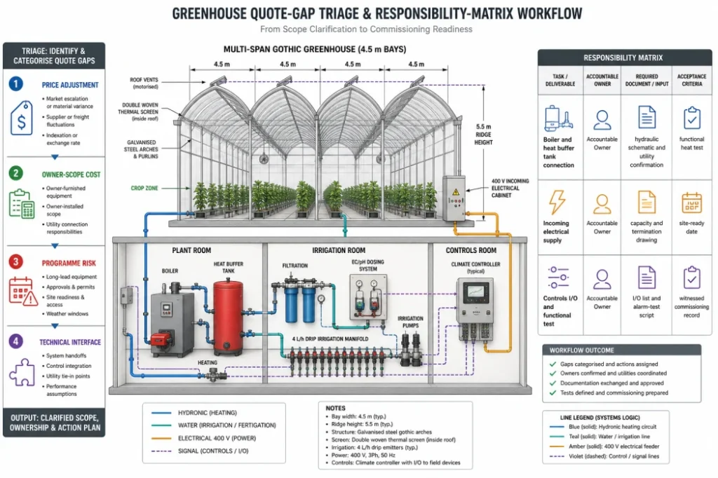 Commercial greenhouse responsibility matrix diagram linking heating, utility and controls exclusions to named owners and evidence.