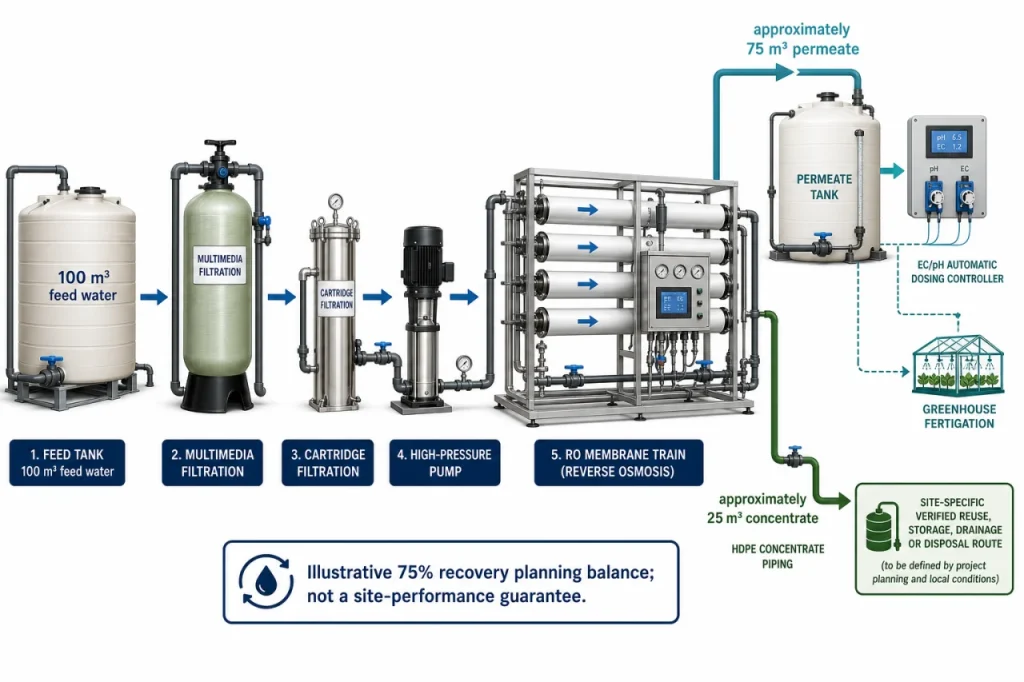 Illustrative 100 cubic metre greenhouse RO water balance showing 75 cubic metres permeate and 25 cubic metres concentrate